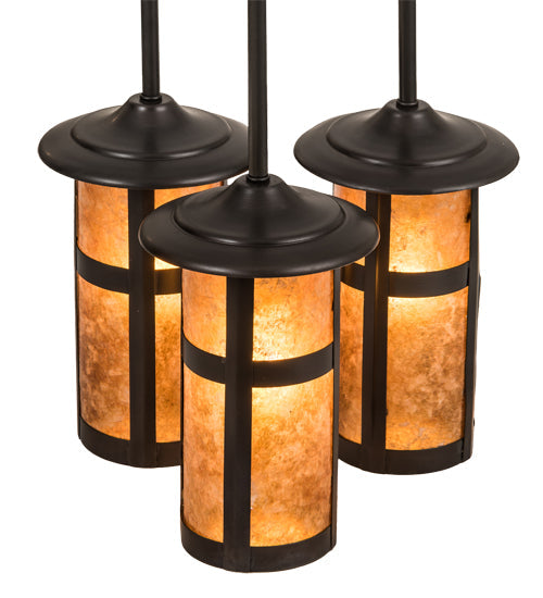 Meyda Lighting Fulton 14" 3-Light Craftsman Brown Prime Cascading Pendant Light With Amber Mica Shade Glass