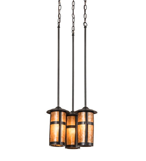 Meyda Lighting Fulton 14" 3-Light Craftsman Brown Prime Cascading Pendant Light With Amber Mica Shade Glass