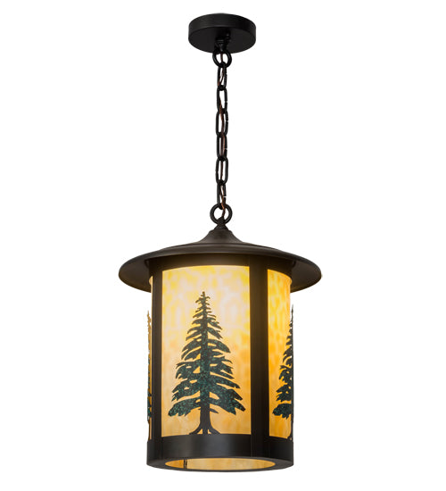 Meyda Lighting Fulton 14" Craftsman Brown Tall Pines Pendant Light With Green & Beige Art Shade Glass