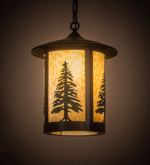 Meyda Lighting Fulton 14" Craftsman Brown Tall Pines Pendant Light With Green & Beige Art Shade Glass
