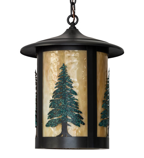 Meyda Lighting Fulton 14" Craftsman Brown Tall Pines Pendant Light With Green & Beige Art Shade Glass
