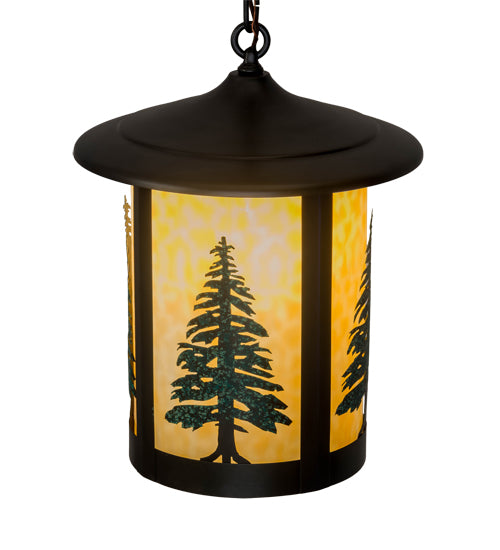 Meyda Lighting Fulton 14" Craftsman Brown Tall Pines Pendant Light With Green & Beige Art Shade Glass