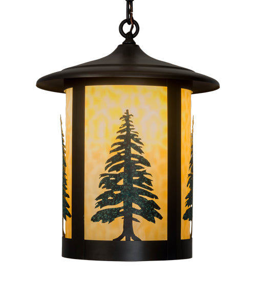 Meyda Lighting Fulton 14" Craftsman Brown Tall Pines Pendant Light With Green & Beige Art Shade Glass