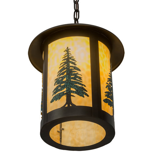 Meyda Lighting Fulton 14" Craftsman Brown Tall Pines Pendant Light With Green & Beige Art Shade Glass