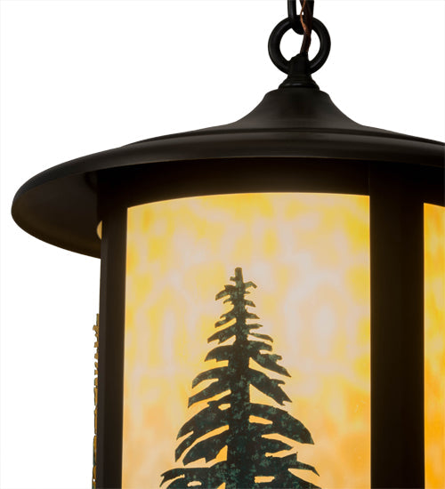 Meyda Lighting Fulton 14" Craftsman Brown Tall Pines Pendant Light With Green & Beige Art Shade Glass