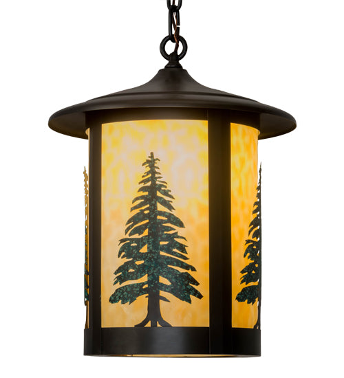 Meyda Lighting Fulton 14" Craftsman Brown Tall Pines Pendant Light With Green & Beige Art Shade Glass