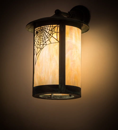 Meyda Lighting Fulton 15" Craftsman Verdigris Spider Web Solid Mount Wall Sconce With Beige Iridescent Shade Glass