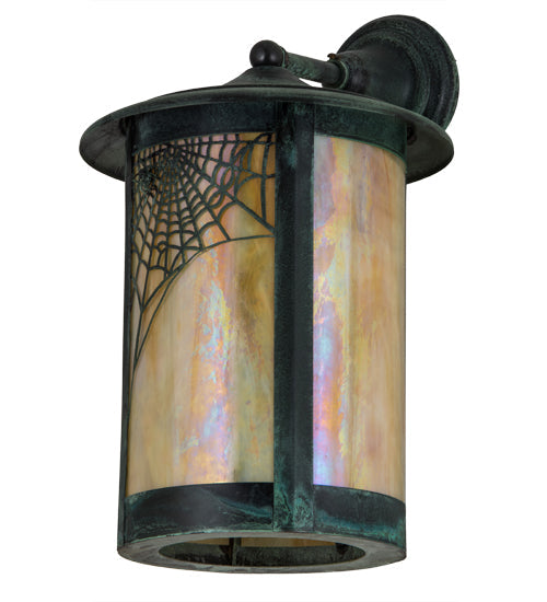 Meyda Lighting Fulton 15" Craftsman Verdigris Spider Web Solid Mount Wall Sconce With Beige Iridescent Shade Glass