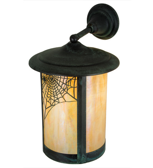 Meyda Lighting Fulton 15" Craftsman Verdigris Spider Web Solid Mount Wall Sconce With Beige Iridescent Shade Glass