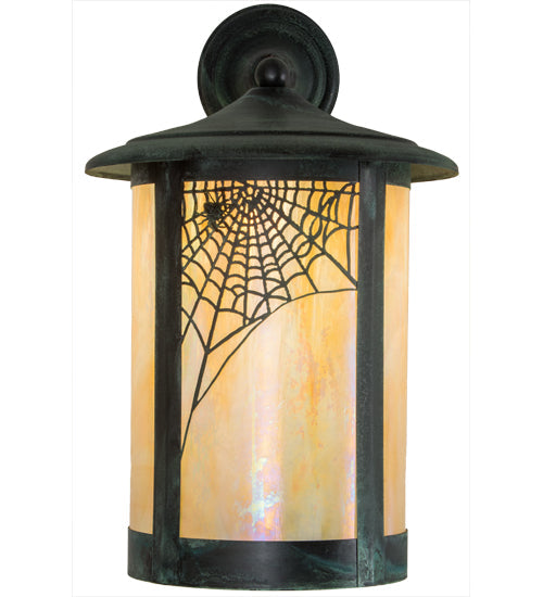 Meyda Lighting Fulton 15" Craftsman Verdigris Spider Web Solid Mount Wall Sconce With Beige Iridescent Shade Glass