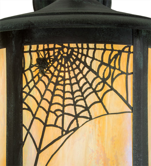 Meyda Lighting Fulton 15" Craftsman Verdigris Spider Web Solid Mount Wall Sconce With Beige Iridescent Shade Glass