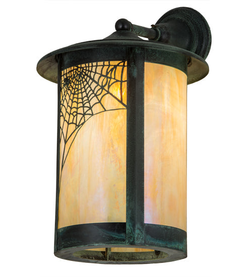 Meyda Lighting Fulton 15" Craftsman Verdigris Spider Web Solid Mount Wall Sconce With Beige Iridescent Shade Glass