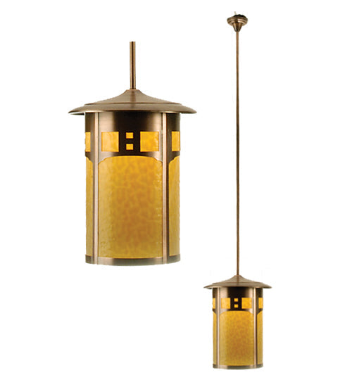 Meyda Lighting Fulton 16" Antique Copper Travers Lantern Pendant Light With Beige Shade Glass