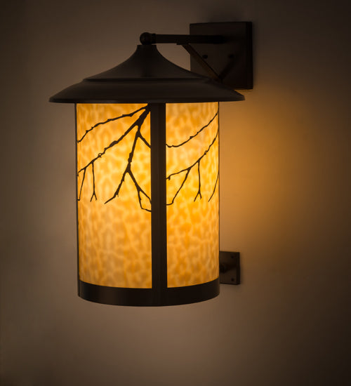 Meyda Lighting Fulton 16" Craftsman Brown Branches Solid Mount Wall Sconce With Beige Art Shade Glass