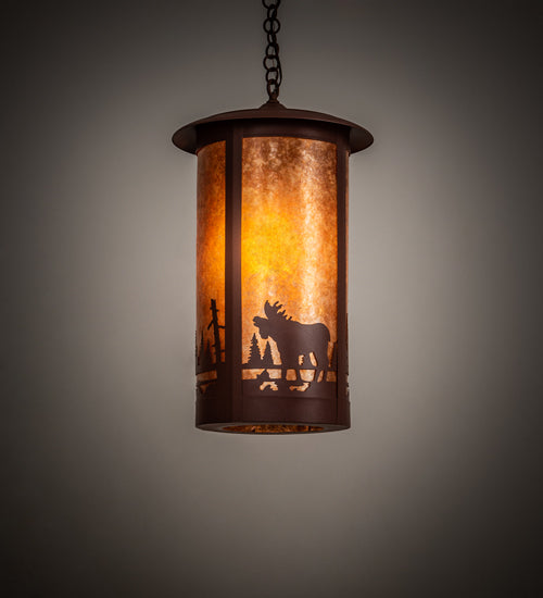 Meyda Lighting Fulton 16" Red Rust Pendant Light With Amber Mica Shade Glass