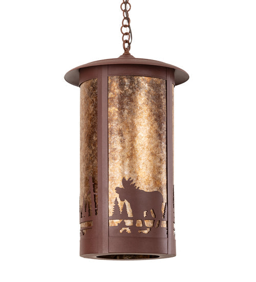 Meyda Lighting Fulton 16" Red Rust Pendant Light With Amber Mica Shade Glass