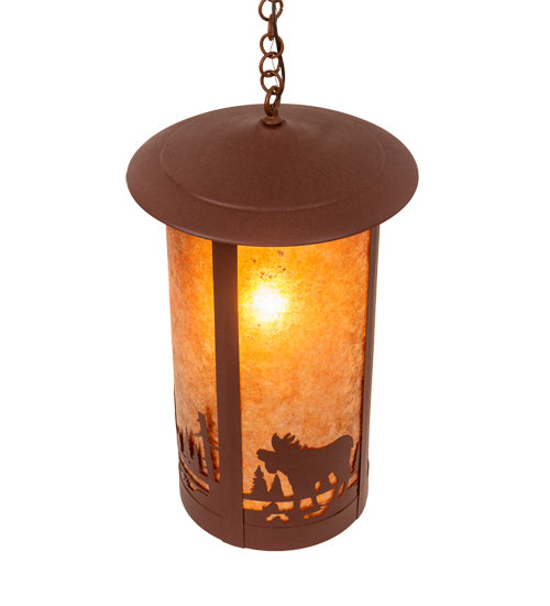Meyda Lighting Fulton 16" Red Rust Pendant Light With Amber Mica Shade Glass