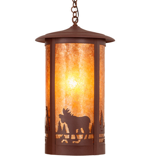 Meyda Lighting Fulton 16" Red Rust Pendant Light With Amber Mica Shade Glass