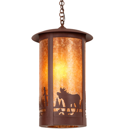 Meyda Lighting Fulton 16" Red Rust Pendant Light With Amber Mica Shade Glass