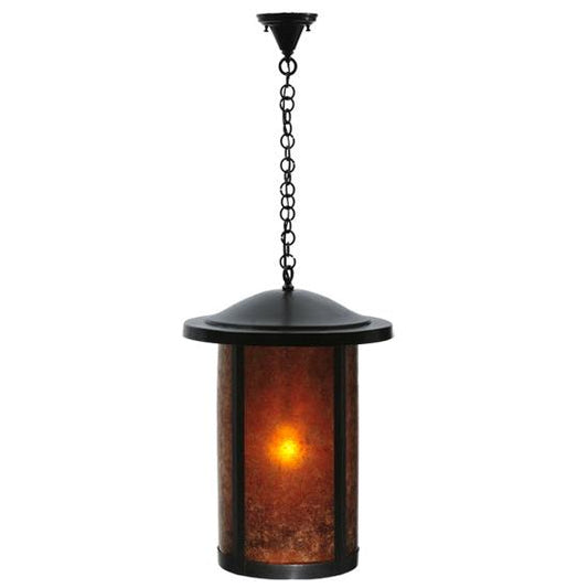 Meyda Lighting Fulton 18" Craftsman Brown Hanging Lantern Pendant Light With Amber Mica Shade Glass