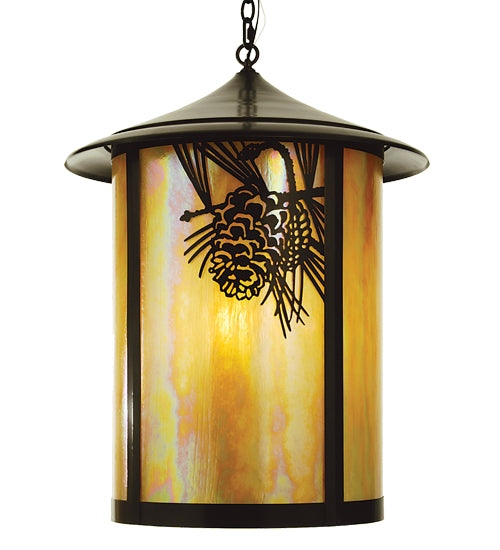 Meyda Lighting Fulton 24" 4-Light Craftsman Brown Winter Pine Lantern Pendant Light With Beige Iridescent Shade Glass