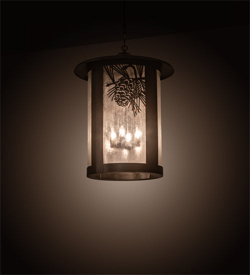 Meyda Lighting Fulton 24" 4-Light Craftsman Brown Winter Pine Pendant Light With Clear Seeded Shade Glass