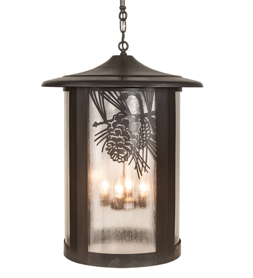 Meyda Lighting Fulton 24" 4-Light Craftsman Brown Winter Pine Pendant Light With Clear Seeded Shade Glass