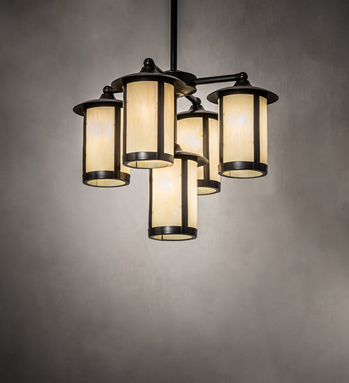 Meyda Lighting Fulton 24" 5-Light Craftsman Brown Chandelier With Beige Botticino Idalight Shade