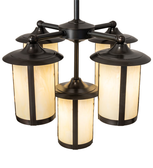 Meyda Lighting Fulton 24" 5-Light Craftsman Brown Chandelier With Beige Botticino Idalight Shade