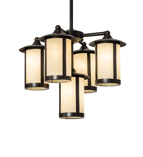 Meyda Lighting Fulton 24" 5-Light Craftsman Brown Chandelier With Beige Botticino Idalight Shade