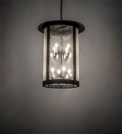Meyda Lighting Fulton 24" 8-Light Textured Black Hanging Lantern Pendant Light With Clear Seeded Shade Glass