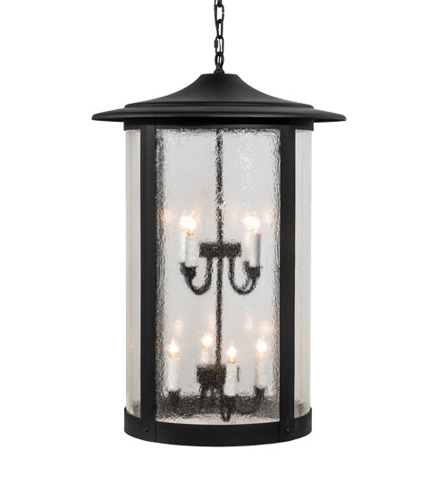Meyda Lighting Fulton 24" 8-Light Textured Black Hanging Lantern Pendant Light With Clear Seeded Shade Glass
