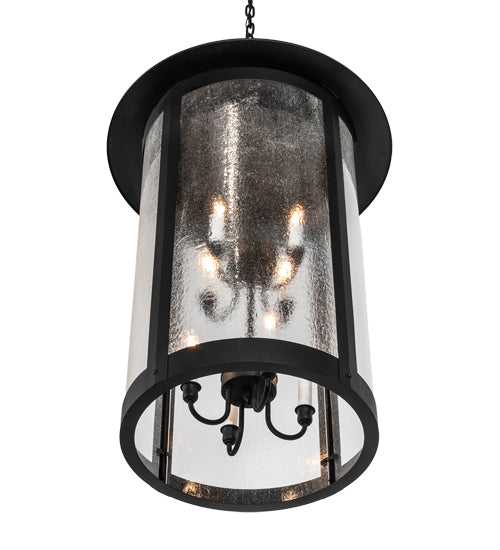 Meyda Lighting Fulton 24" 8-Light Textured Black Hanging Lantern Pendant Light With Clear Seeded Shade Glass