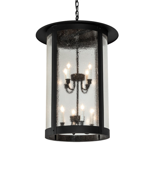 Meyda Lighting Fulton 24" 8-Light Textured Black Hanging Lantern Pendant Light With Clear Seeded Shade Glass