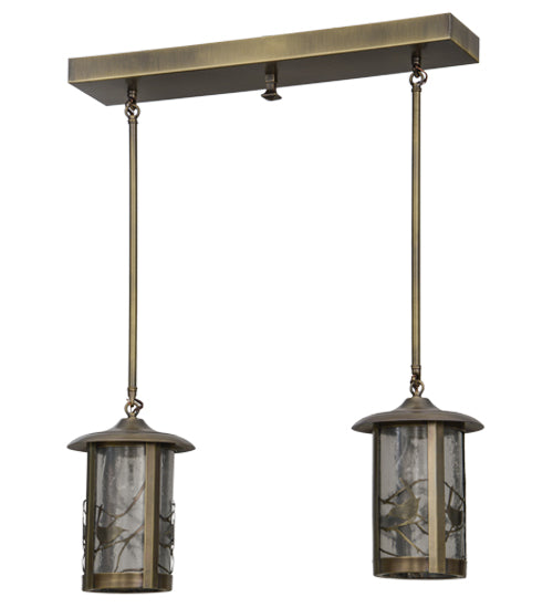 Meyda Lighting Fulton 26" 2-Light Antique Brass Song Bird Island Pendant Light With Clear Seeded Shade Glass
