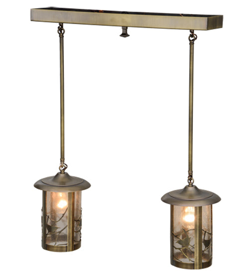 Meyda Lighting Fulton 26" 2-Light Antique Brass Song Bird Island Pendant Light With Clear Seeded Shade Glass