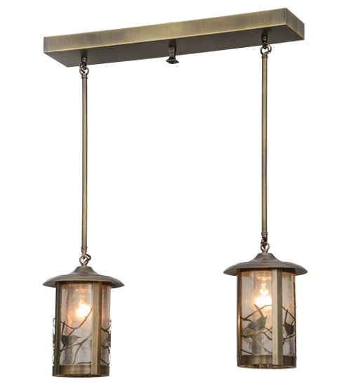 Meyda Lighting Fulton 26" 2-Light Antique Brass Song Bird Island Pendant Light With Clear Seeded Shade Glass