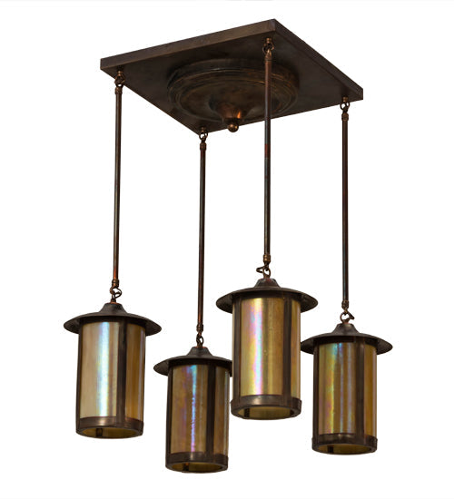 Meyda Lighting Fulton 28" 4-Light Vintage Copper Prime Pendant Light With Beige Iridescent Shade Glass