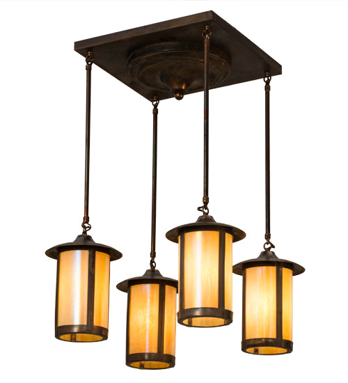 Meyda Lighting Fulton 28" 4-Light Vintage Copper Prime Pendant Light With Beige Iridescent Shade Glass