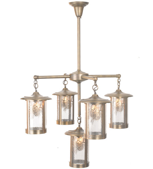 Meyda Lighting Fulton 29" 5-Light Antique Brass Winter Pine Hanging Lantern Chandelier With Clear Seeded Shade Glass