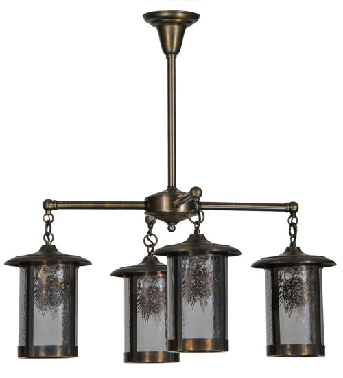 Meyda Lighting Fulton 30" 4-Light Antique Brass Wine Pine Chandelier With Clear Seeded Shade Glass