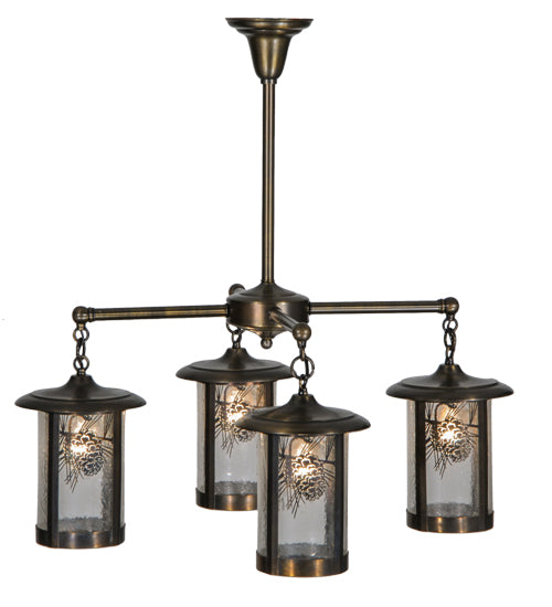 Meyda Lighting Fulton 30" 4-Light Antique Brass Wine Pine Chandelier With Clear Seeded Shade Glass