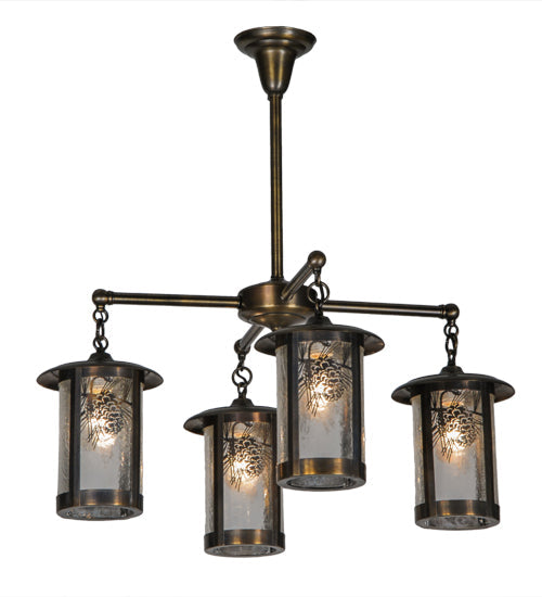 Meyda Lighting Fulton 30" 4-Light Antique Brass Wine Pine Chandelier With Clear Seeded Shade Glass