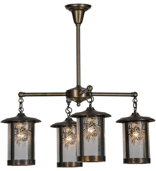 Meyda Lighting Fulton 30" 4-Light Antique Brass Wine Pine Chandelier With Clear Seeded Shade Glass