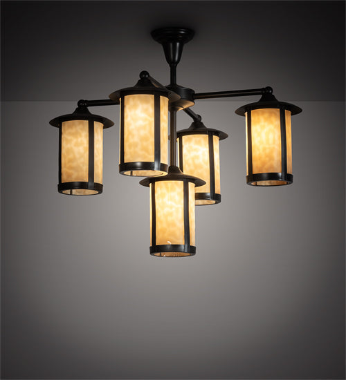 Meyda Lighting Fulton 30" 5-Light Craftsman Brown Chandelier With Beige Shade Glass