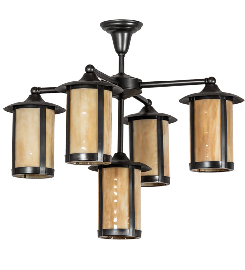 Meyda Lighting Fulton 30" 5-Light Craftsman Brown Chandelier With Beige Shade Glass