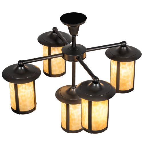 Meyda Lighting Fulton 30" 5-Light Craftsman Brown Chandelier With Beige Shade Glass