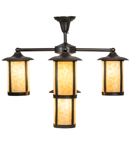 Meyda Lighting Fulton 30" 5-Light Craftsman Brown Chandelier With Beige Shade Glass