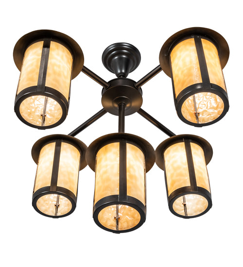 Meyda Lighting Fulton 30" 5-Light Craftsman Brown Chandelier With Beige Shade Glass