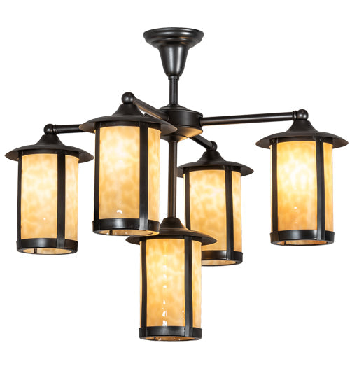 Meyda Lighting Fulton 30" 5-Light Craftsman Brown Chandelier With Beige Shade Glass